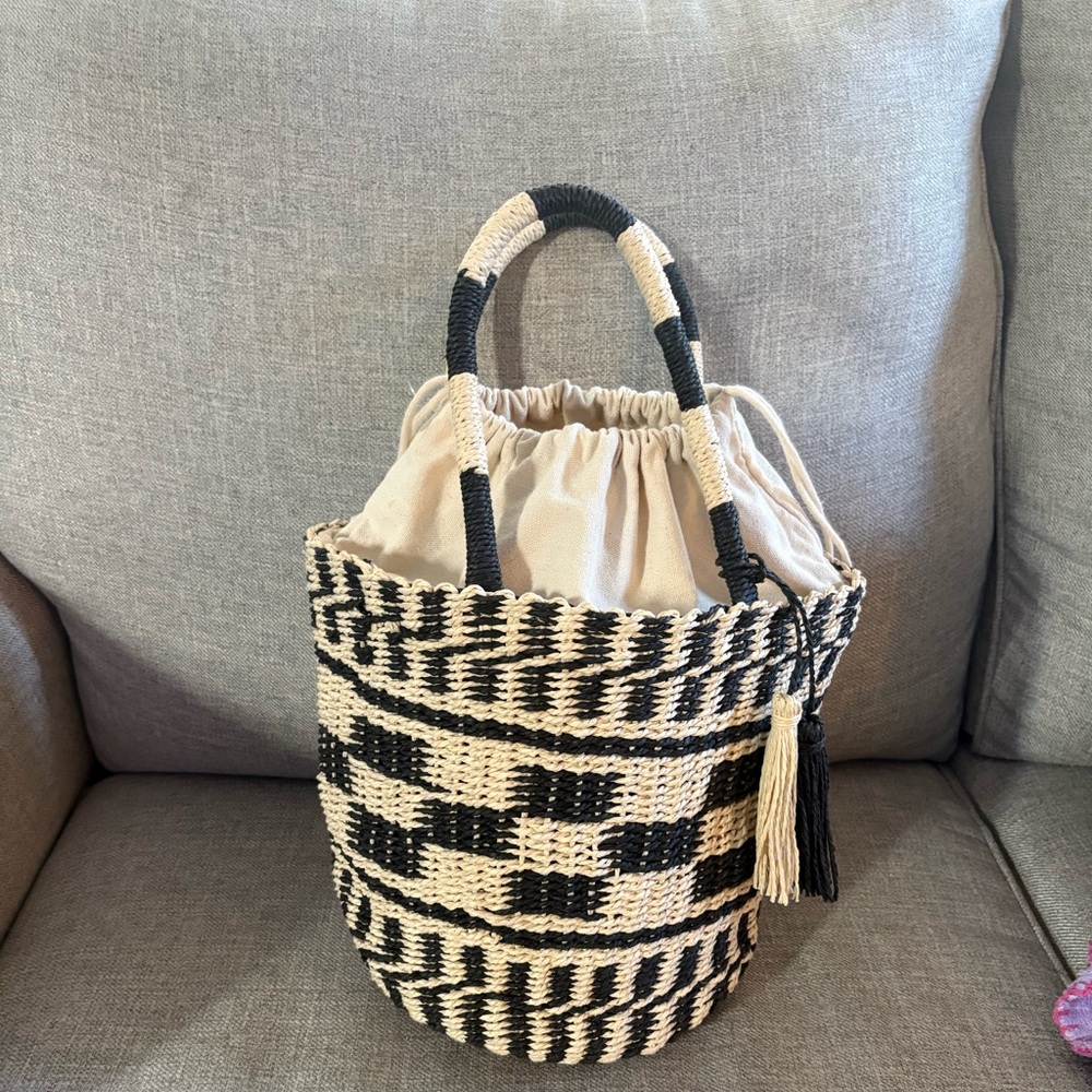 World Market woven straw bucket bag very roomy and heavy durable canvas